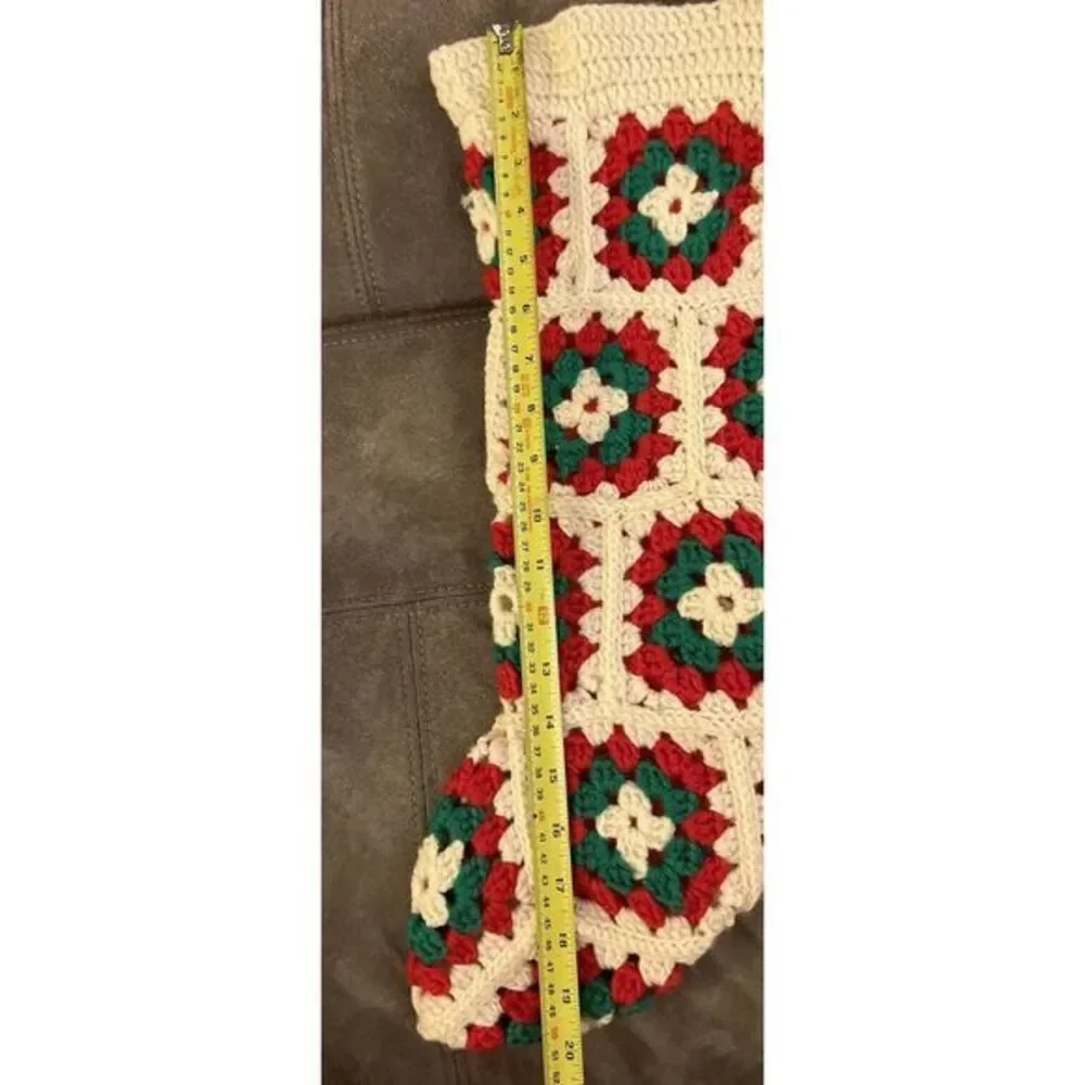 Vintage Handmade Christmas‎ Stocking Granny Square Crochet White Green Red 20x8